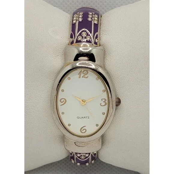 Women's Classic Oval Silver Tone White Dial Purple Cuff Bracelet Watch 01 - Picture 5 of 8